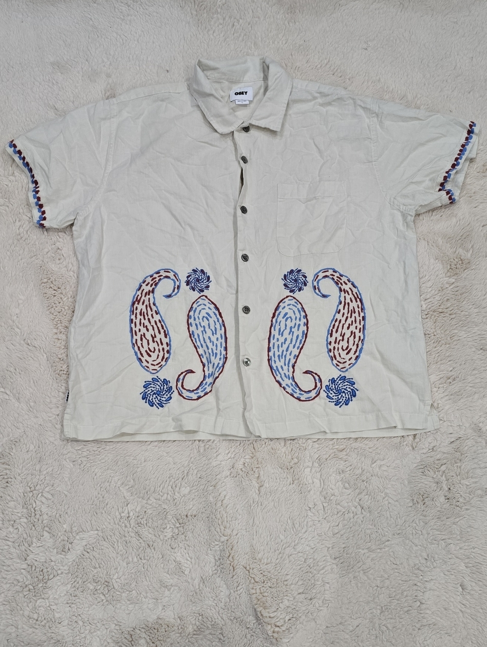 Obey Cream Short-Sleeve Button-Down Shirt with Blue & Brown Paisley Motifs